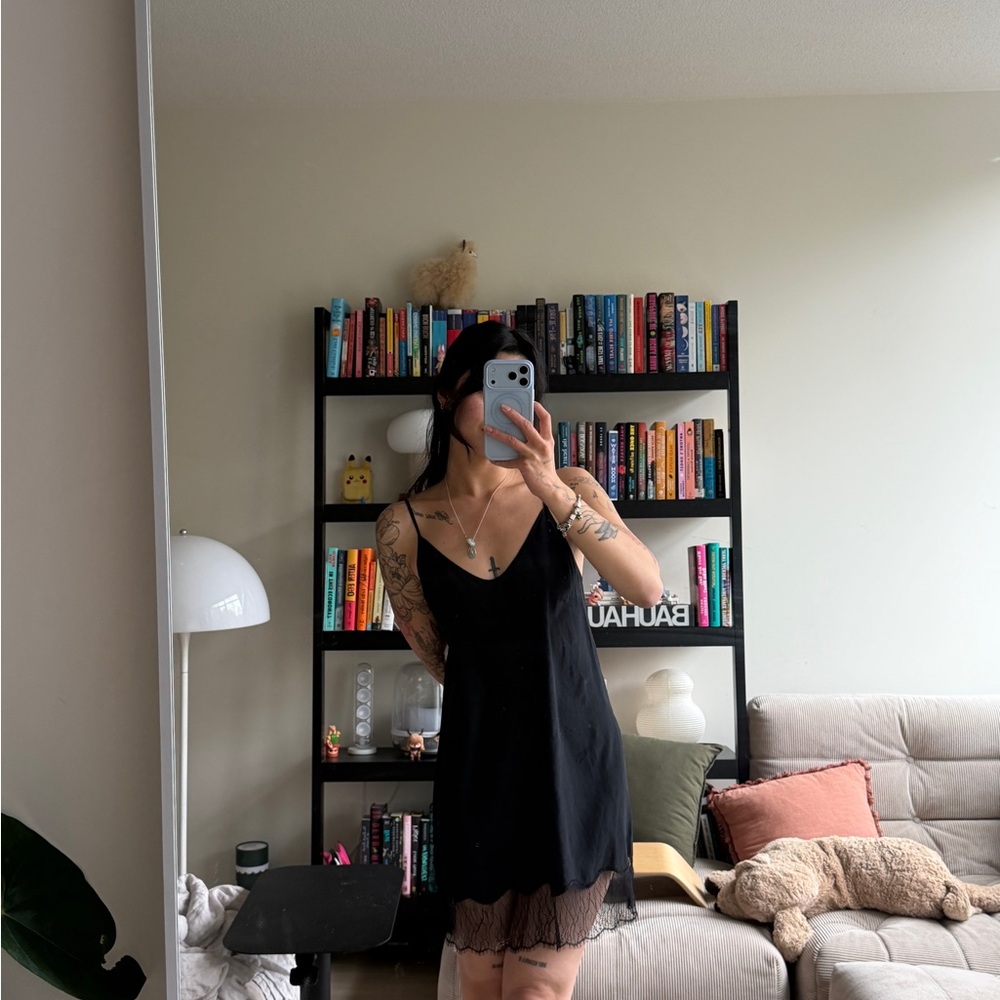 Black Slip silk Dress with Lace Trim Aritzia